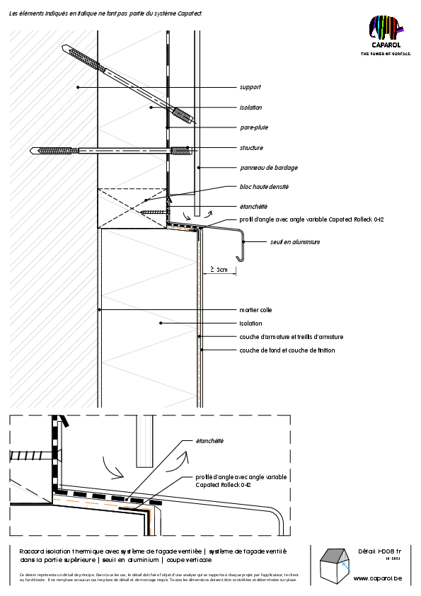 Détail H008 : Raccord isolation thermique avec système de façade ventilée | système de façade ventilé dans la partie supérieure | seuil en aluminium | coupe verticale