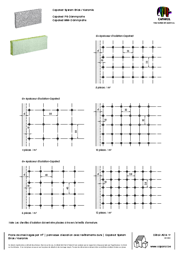 Détail A014 : Plans de chevillages par m² | panneaux d'isolation avec revêtements durs | Capatect System Détail A014 fr Brick / Keramik