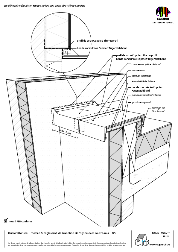 Détail E006 : Raccord toiture | raccord à angle droit de l'isolation de façade avec couvre-mur | 3D