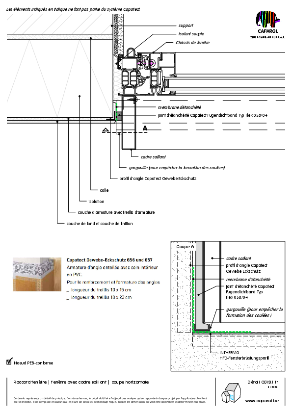 Détail C013.1 : Raccord fenêtre | fenêtre avec cadre saillant | coupe horizontale