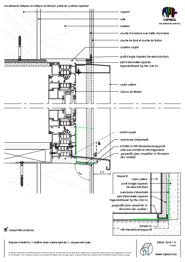 Détail C014.1 : Raccord fenêtre | fenêtre avec cadre saillant | coupe verticale