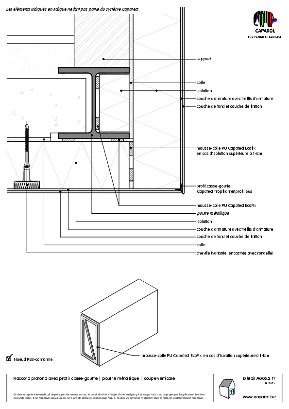 Détail A005.2 : Raccord plafond avec profil casse-goutte | poutre métallique | coupe verticale