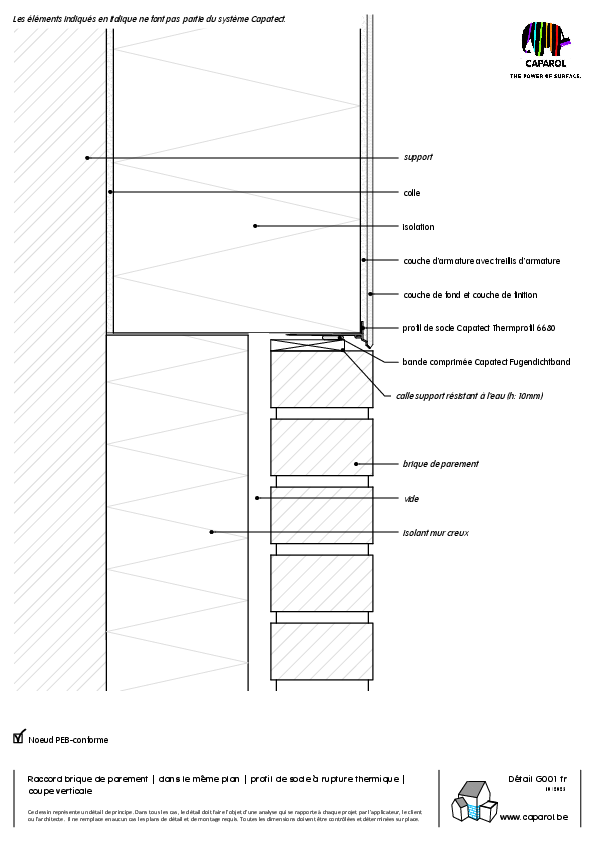 Détail G001 : Raccord brique de parement | dans le même plan | profil de socle à rupture thermique | coupe verticale