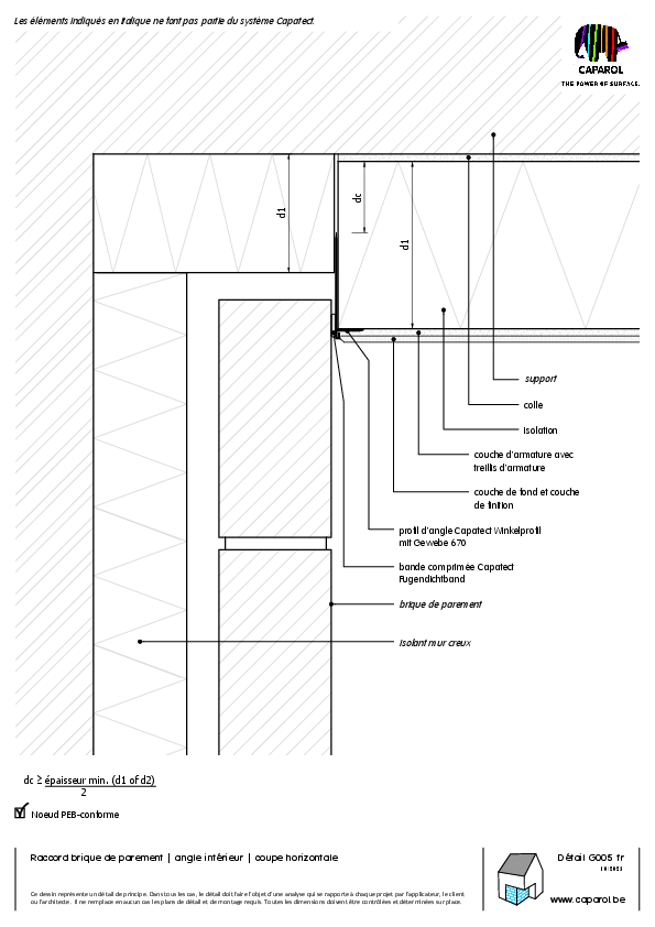 Détail G005 : Raccord brique de parement | angle intérieur | coupe horizontale