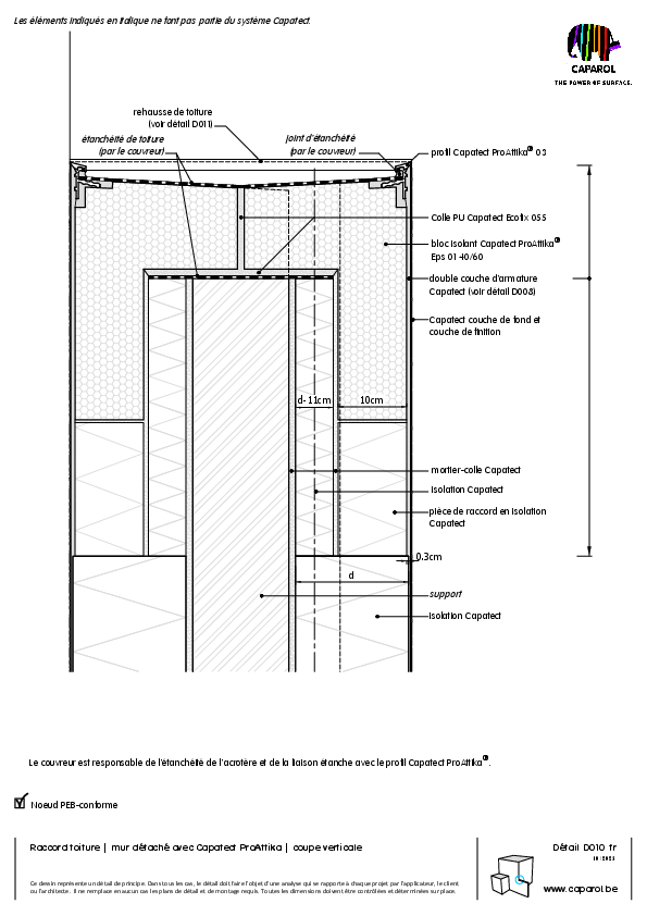 Détail D010 : Raccord toiture | mur détaché avec Capatect ProAttika | coupe verticale