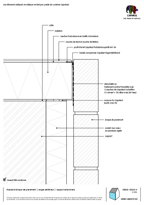 Détail G006 : Raccord brique de parement | angle extérieur | coupe horizontale