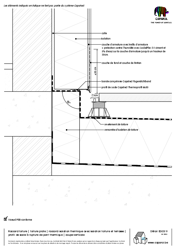Détail E003 : Raccord toiture | toiture plate | raccord isolation thermique avec isolation toiture et terrasse | profil de socle à rupture de pont thermique | coupe verticale