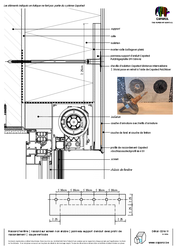 Détail C016 : Raccord fenêtre | raccord sur screen non stable | panneau support d'enduit avec profil de raccordement | coupe verticale