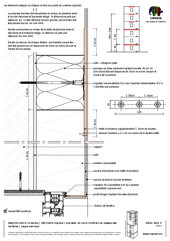 Détail J002 : Sécurité contre l'incendie | bâtiments moyens | bandeau en laine minérale au-dessus des fenêtres | coupe verticale