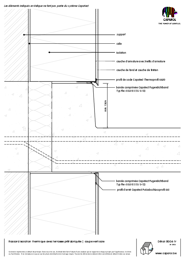 Détail B006 : Raccord isolation thermique avec terrasse préfabriquée | coupe verticale