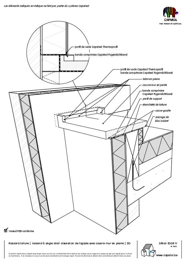 Détail E008 : Raccord toiture | raccord à angle droit d'isolation de façade avec couvre-mur en pierre | 3D