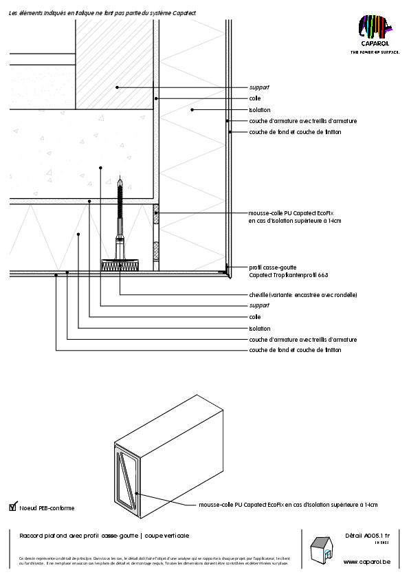 Détail A005.1 : Raccord plafond avec profil casse-goutte | coupe verticale