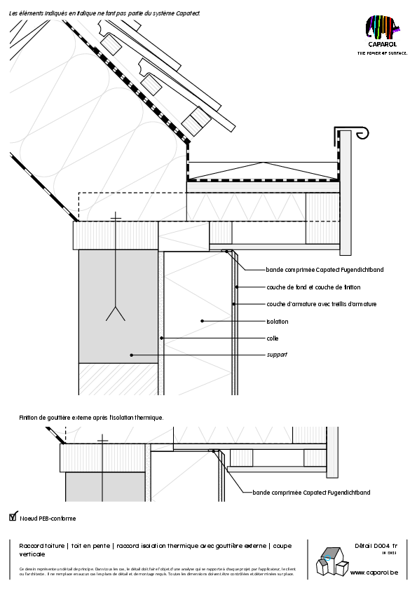 Détail D004 : Raccord toiture | toit en pente | raccord isolation thermique avec gouttière externe | coupe verticale