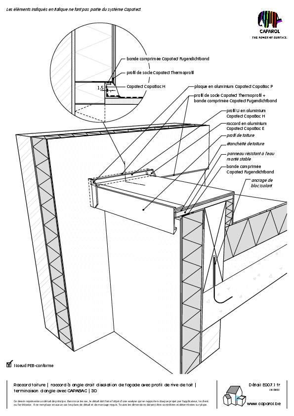 Détail E007.1 : Raccord toiture | raccord à angle droit d'isolation de façade avec profil de rive de toit | terminaison d'angle avec CAPABAC | 3D