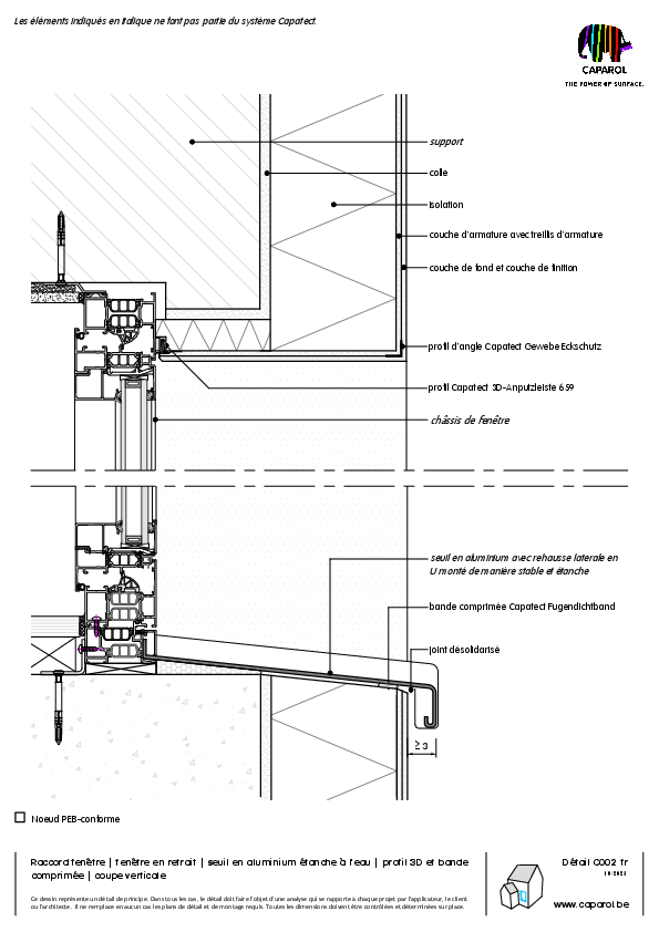 Détail C002 : Raccord fenêtre | fenêtre en retrait | seuil en aluminium étanche à l'eau | profil 3D et bande comprimée | coupe verticale