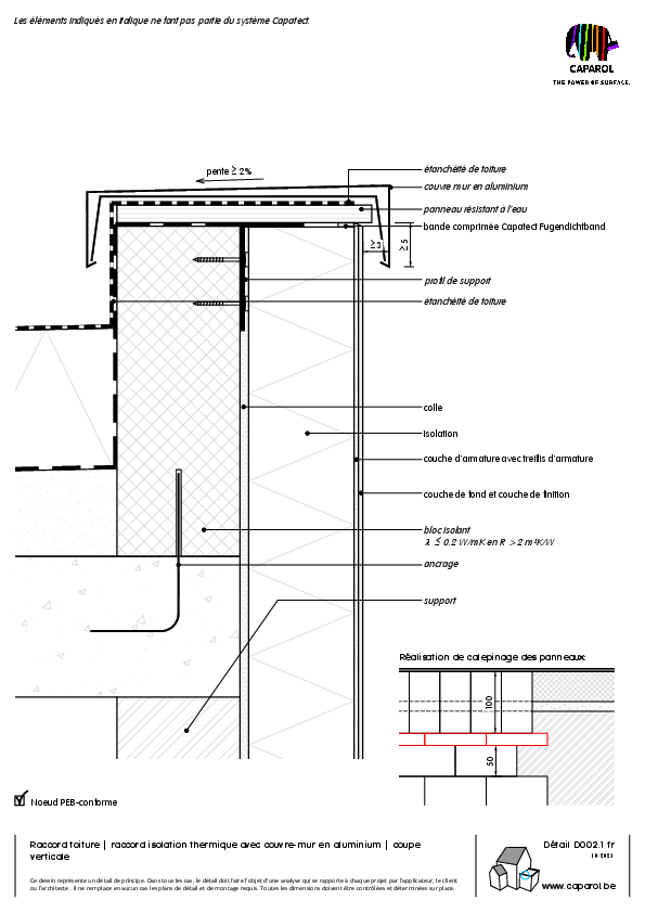 Détail D002.1 : Raccord toiture | raccord isolation thermique avec couvre-mur en aluminium | coupe verticale