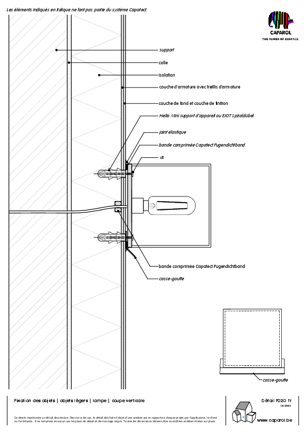 Détail F020 : Fixation des objets | objets légers | lampe | coupe verticale