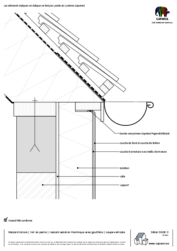 Détail D005 : Raccord toiture | toit en pente | raccord isolation thermique avec gouttière | coupe verticale