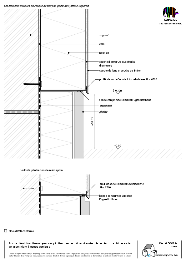 Détail B001 : Raccord isolation thermique avec plinthe | en retrait ou dans le même plan | profil de socle en aluminium | coupe verticale
