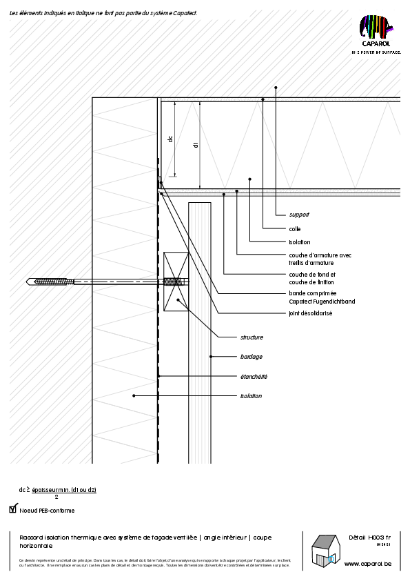 Detail H003 : Raccord isolation thermique avec système de façade ventilée | angle intérieur | coupe horizontale