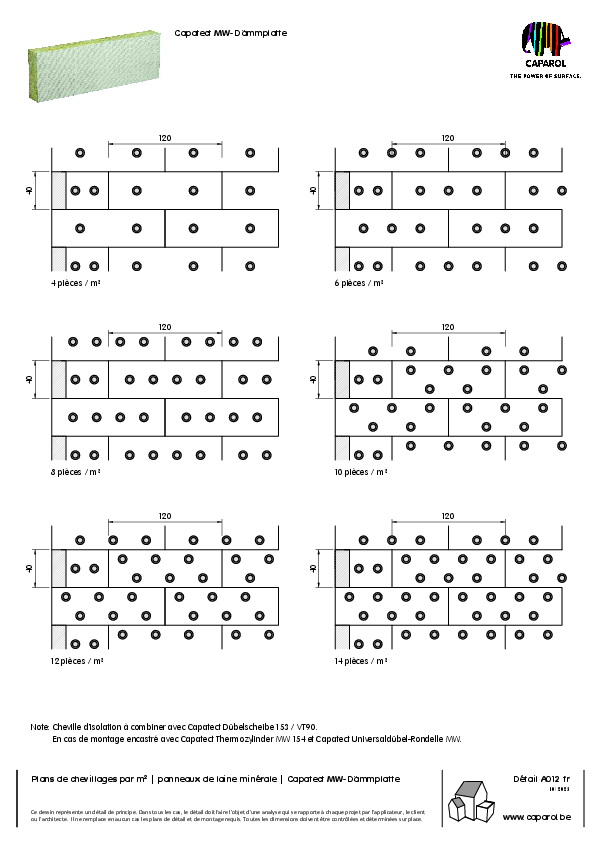 Détail A012 : Plans de chevillages par m² | panneaux de laine minérale | Capatect MW-Dämmplatte