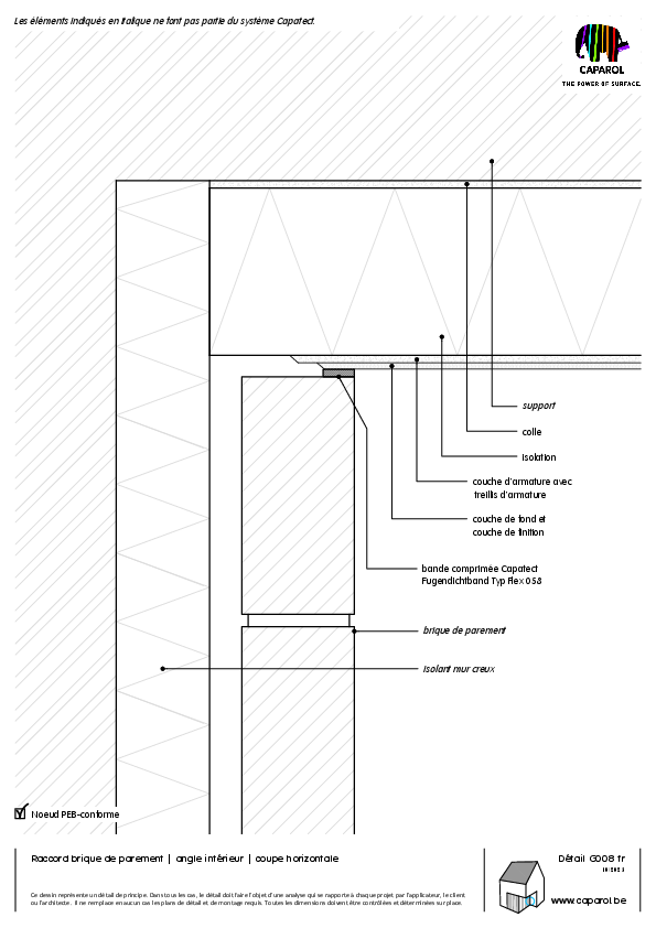 Détail G008 : Raccord brique de parement | angle intérieur | coupe horizontale