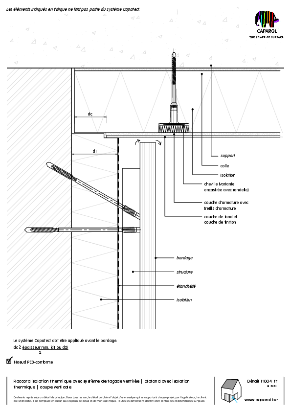 Detail H004 : Raccord isolation thermique avec système de façade ventilée | plafond avec isolation thermique | coupe verticale