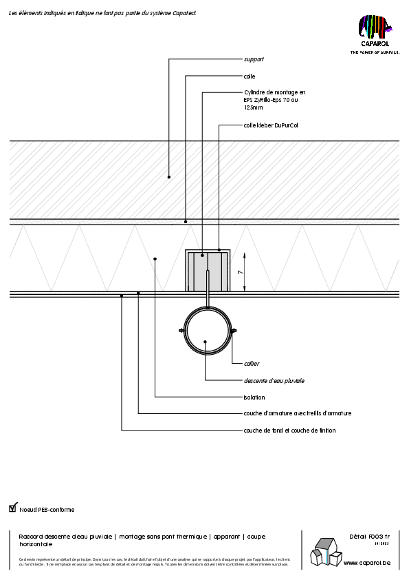 Détail F003 : Raccord descente d'eau pluviale | montage sans pont thermique | apparant | coupe horizontale
