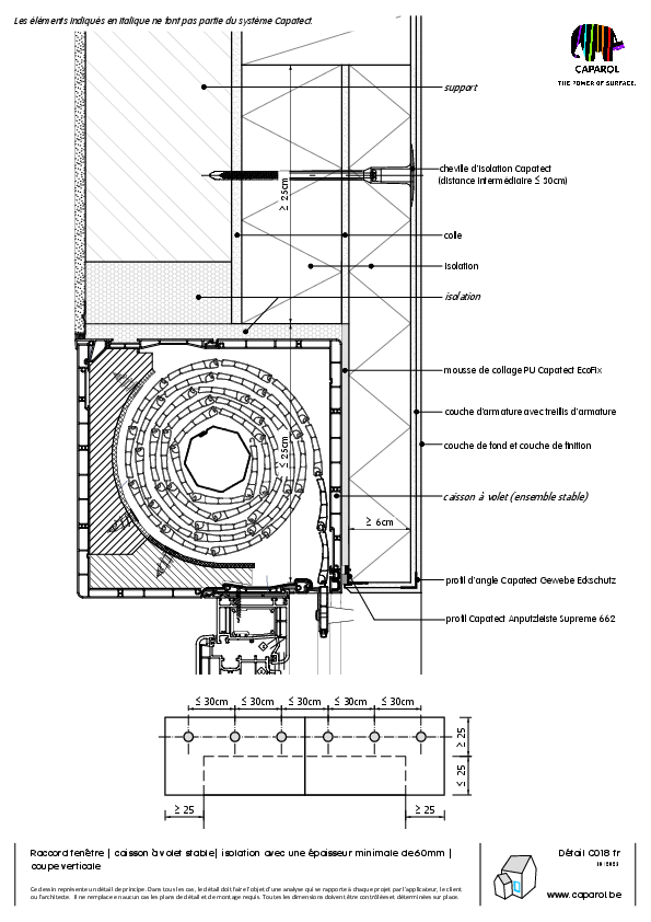Détail C018 : Raccord fenêtre | caisson à volet stable| isolation avec une épaisseur minimale de 60mm | coupe verticale