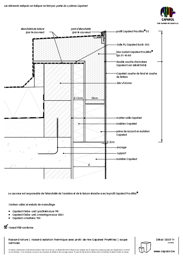 Détail D007 : Raccord toiture | raccord isolation thermique avec profil de rive Capatect ProAttika | coupe verticale