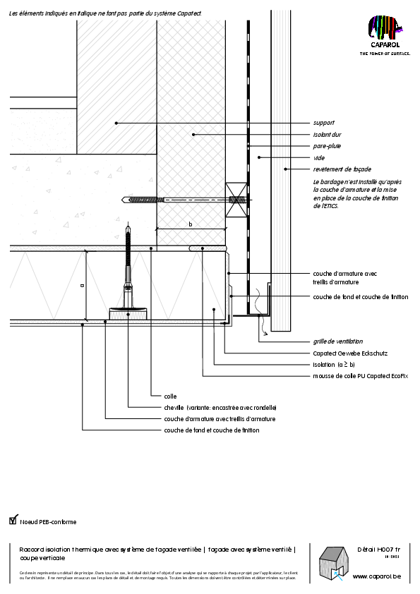 Détail H007 : Raccord isolation thermique avec système de façade ventilée | façade avec système ventilé | coupe verticale