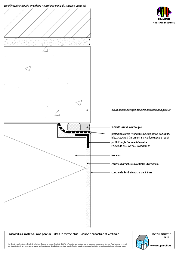 Détail G009:Raccord sur matériau non poreux | dans le même plan | coupe horizontale et verticale