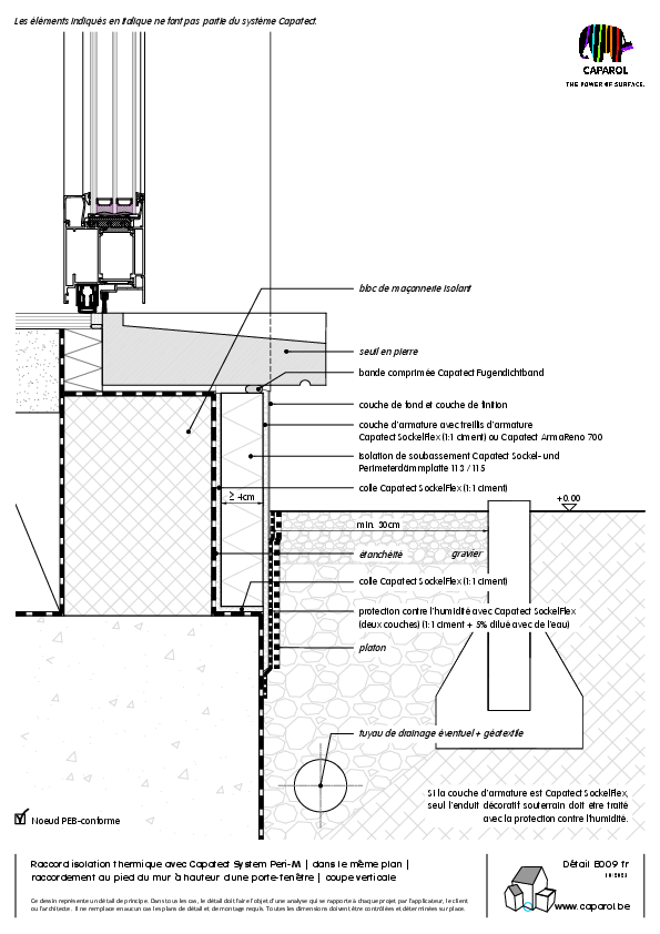 Détail B009 : Raccord isolation thermique avec Capatect System Peri-M | dans le même plan | raccordement au pied du mur à hauteur d'une porte-fenêtre | coupe verticale