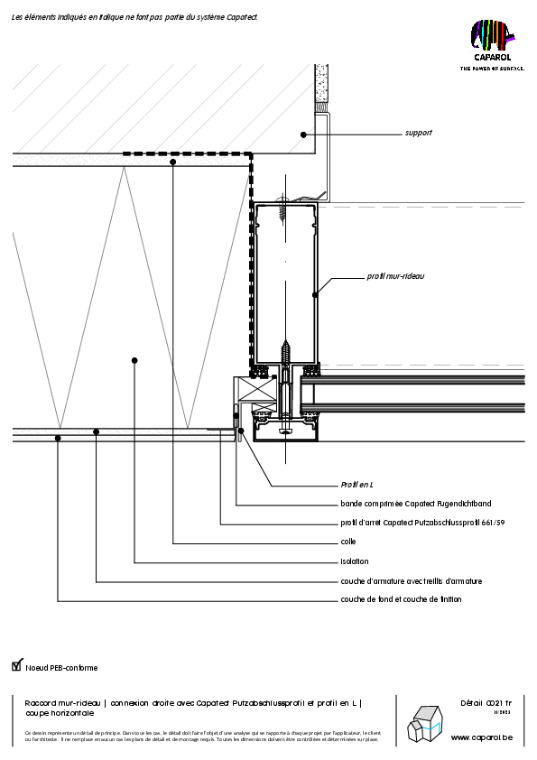 Détail C021 : Raccord mur-rideau | connexion droite avec Capatect Putzabschlussprofil et profil en L | coupe horizontale