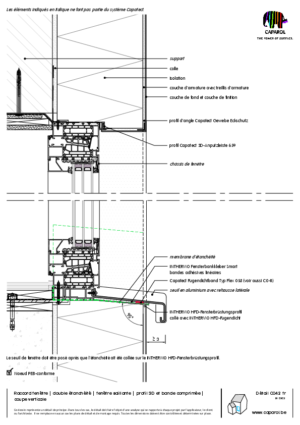 Détail C042 : Raccord fenêtre | double étanchéité | fenêtre saillante | profil 3D et bande comprimée | coupe verticale