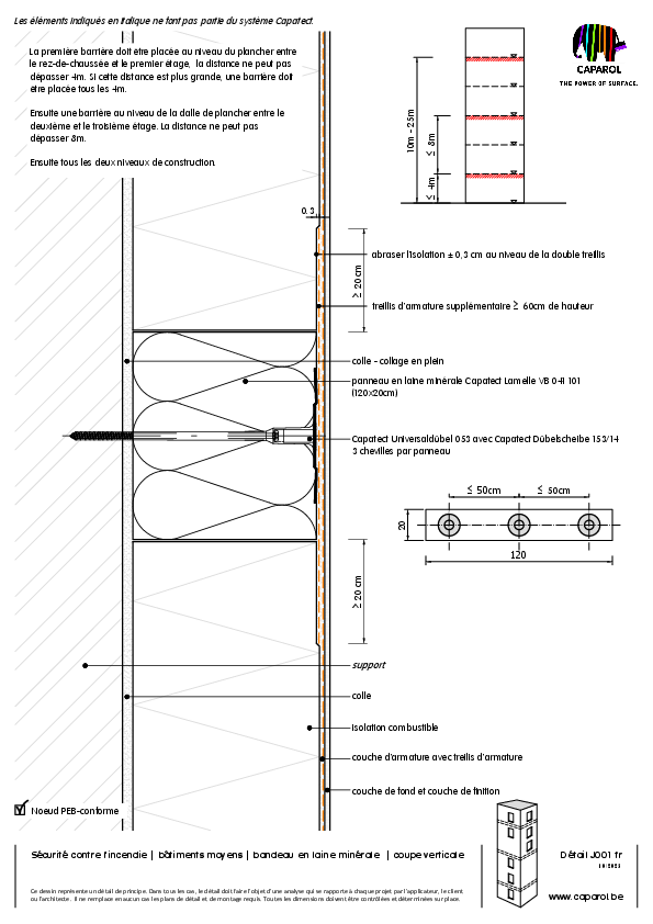 Détail J001 : Sécurité contre l'incendie | bâtiments moyens | bandeau en laine minérale | coupe verticale