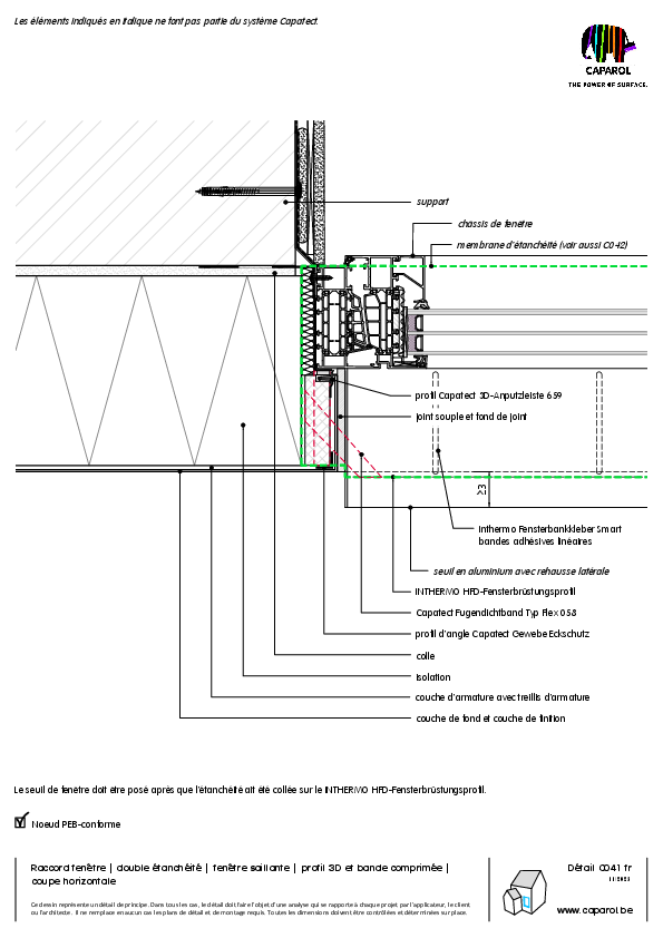 Détail C041 : Raccord fenêtre | double étanchéité | fenêtre saillante | profil 3D et bande comprimée | coupe horizontale