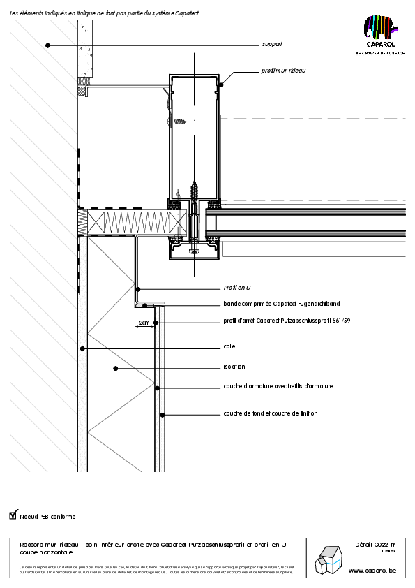 Détail C022 : Raccord mur-rideau | coin intérieur droite avec Capatect Putzabschlussprofil et profil en U | coupe horizontale