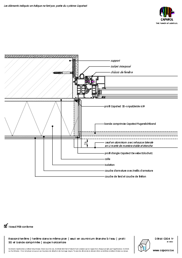 Détail C004 : Raccord fenêtre | fenêtre dans le même plan | seuil en aluminium étanche à l'eau | profil 3D et bande comprimée | coupe horizontale