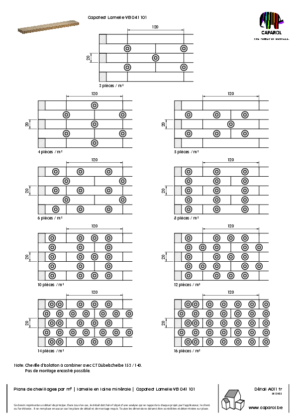 Détail A011 : Plans de chevillages par m² | lamelle en laine minérale | Capatect Lamelle VB 041 101