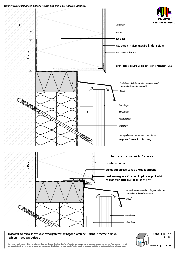 Détail H001 : Raccord isolation thermique avec système de façade ventilée | dans le même plan ou saillant | coupe verticale