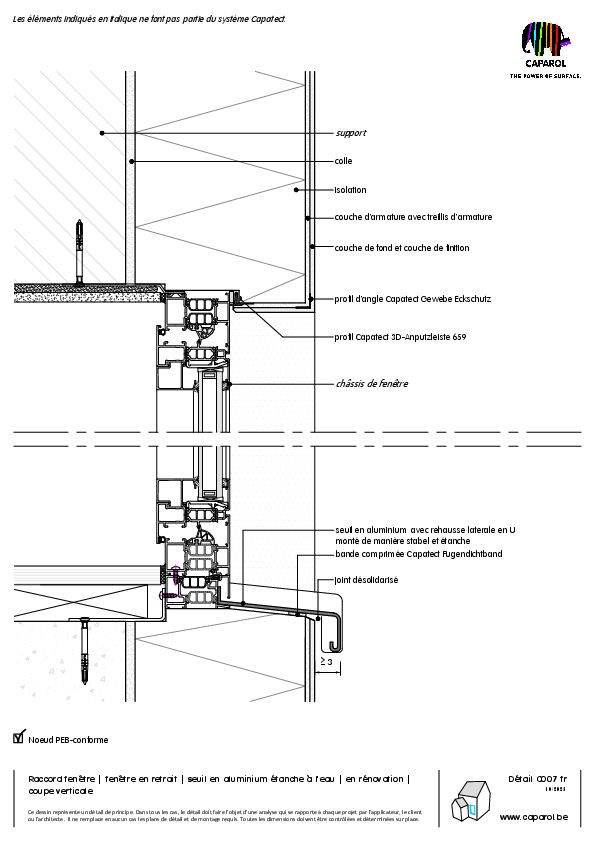 Détail C007 : Raccord fenêtre | fenêtre en retrait | seuil en aluminium étanche à l'eau | en rénovation | coupe verticale
