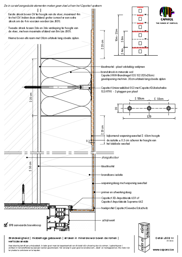 Detail J002 : Brandveiligheid | middelhoge gebouwen | stroken in minerale wol boven de ramen | verticale snede