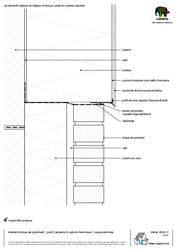 Détail G002 : Raccord brique de parement | profil de socle à rupture thermique | coupe verticale