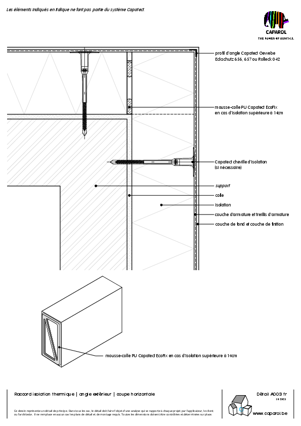 Détail A003 : Raccord isolation thermique | angle extérieur | coupe horizontale