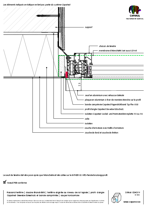 Détail C043 : Raccord fenêtre | double étanchéité | fenêtre alignée au niveau de la façade | profil d'angle Capatect Gewebe Eckschutz et bande comprimée | coupe horizontale