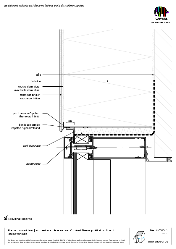 Détail C020 : Raccord mur-rideau | connexion supérieure avec Capatect Thermoprofil et profil en L | coupe verticale