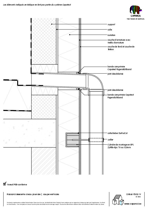 Détail F002 : Raccord descente d'eau pluviale | coupe verticale