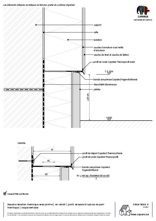 Détail B002 : accord isolation thermique avec plinthe | en retrait | profil de socle à rupture de pont thermique | coupe verticale