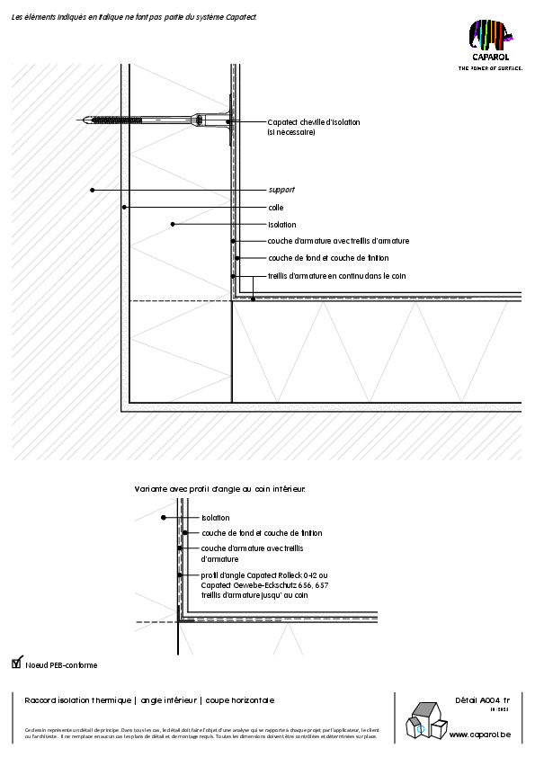 Détail A004 : Raccord isolation thermique | angle intérieur | coupe horizontale